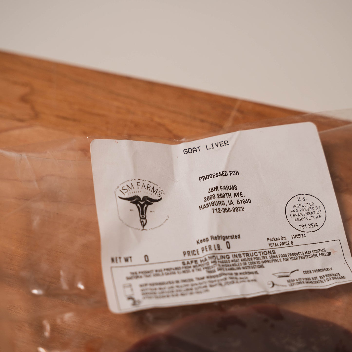 Food packaging label that reads JSM Farms, Goat Liver